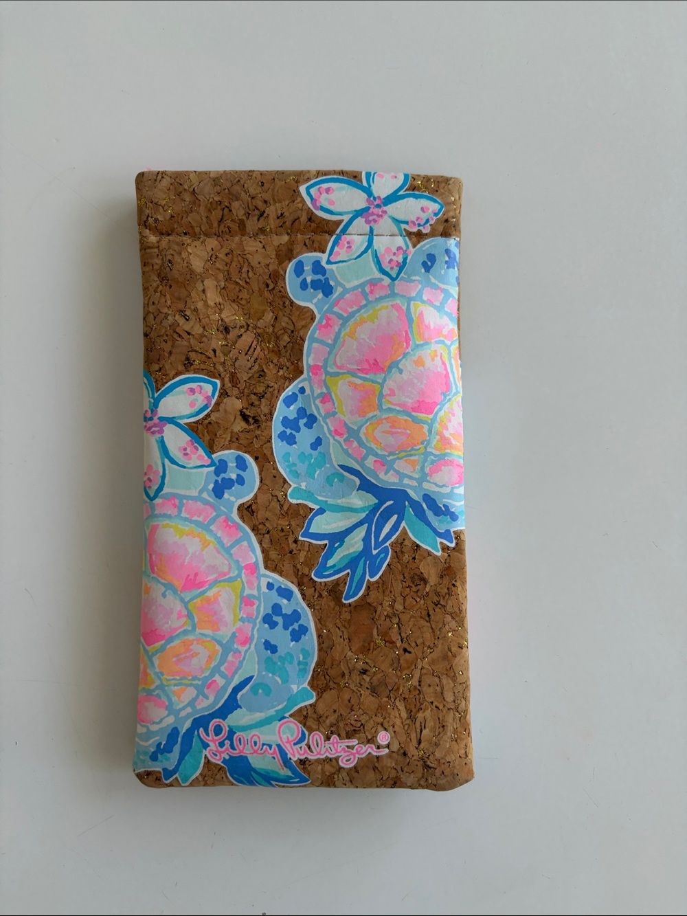 Lilly Pulitzer Cork Sunglass Case with Pink & Blue Turtle Print
